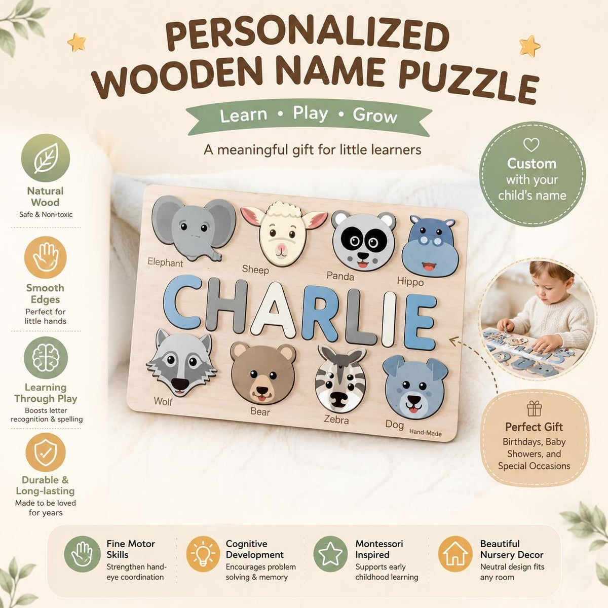 Personalized Flower Name Puzzle, Floral Wooden Name Puzzle for Girls, Custom Montessori Name Board, Botanical Toddler Puzzle
