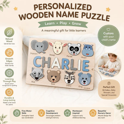 Personalized Flower Name Puzzle, Floral Wooden Name Puzzle for Girls, Custom Montessori Name Board, Botanical Toddler Puzzle